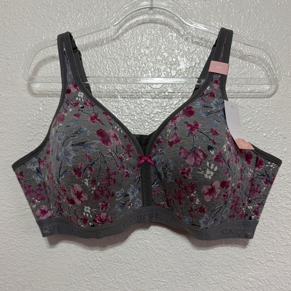 Cacique Cotton Collection Wireless Bra 46B Grey Pink Floral Lightly Lined NWT